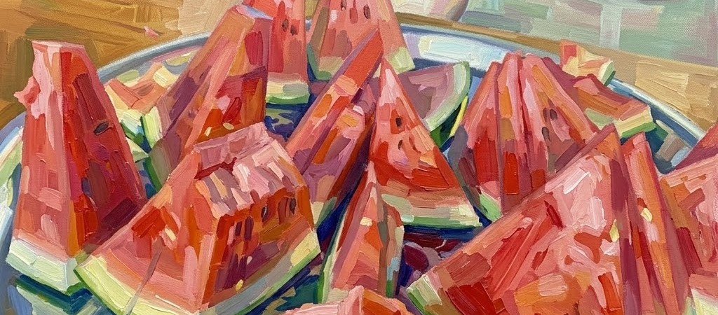 쟁반에 쌓인 수박 조각들을 그린 유화풍 그림